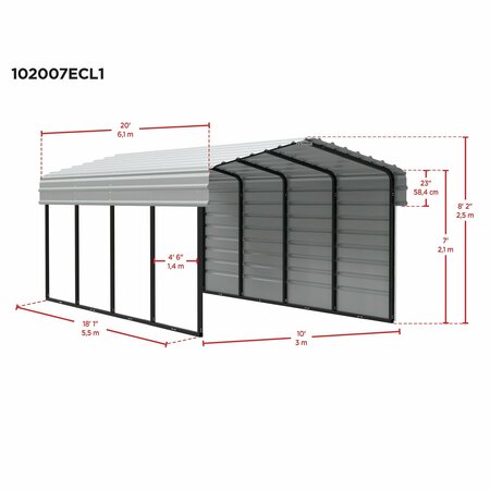Arrow Storage Products Galvanized Steel Carport, W/ 1-Sided Enclosure, Compact Car Metal Carport Kit, 10'x20'x7', Charcoal CPHC102007ECL1